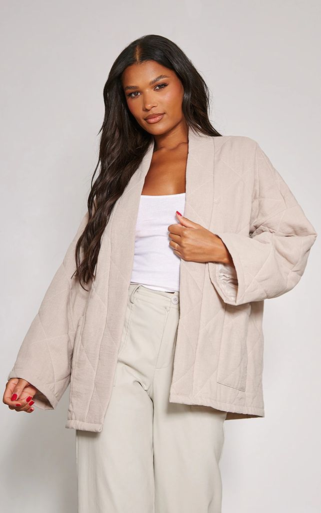 Stone Quilted Linen Look Casual Jacket, White