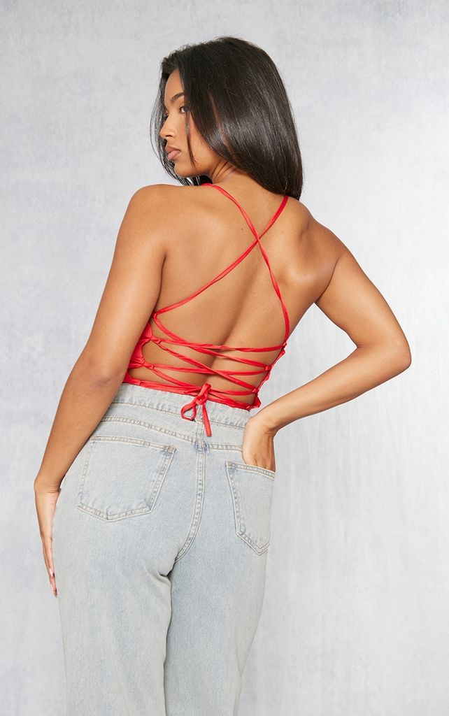 Red Satin Strappy Back Cowl Neck Cami, Red