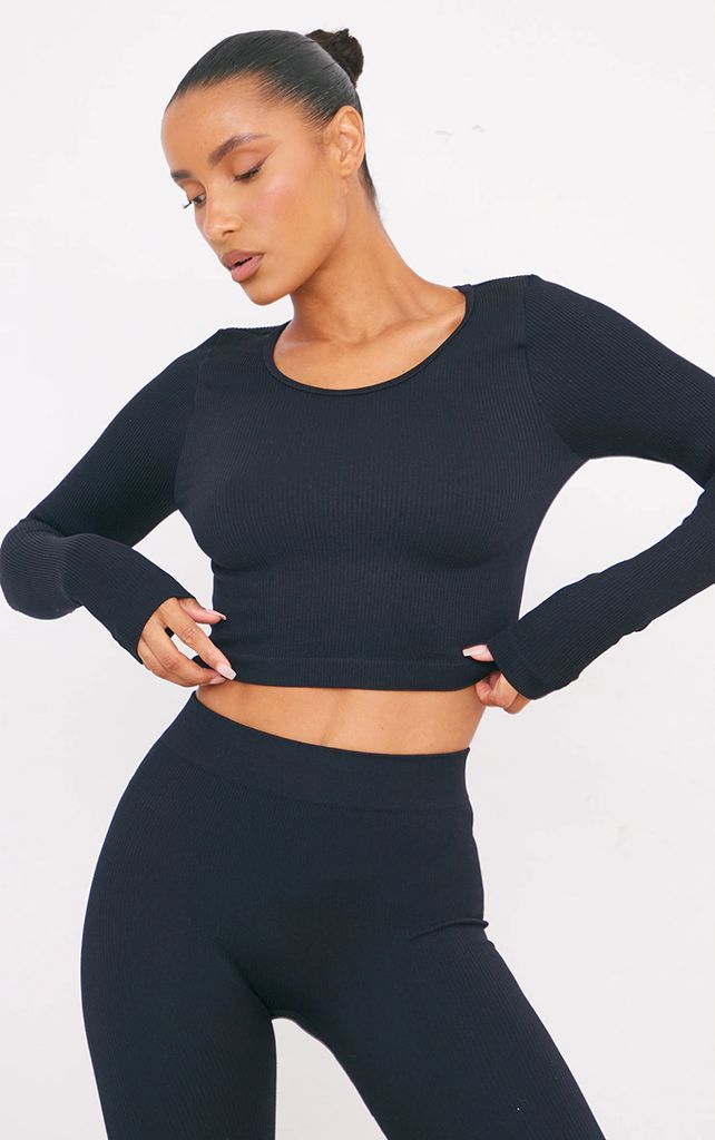 Black Structured Contour Ribbed Round Neck Long Sleeve Crop Top, Black