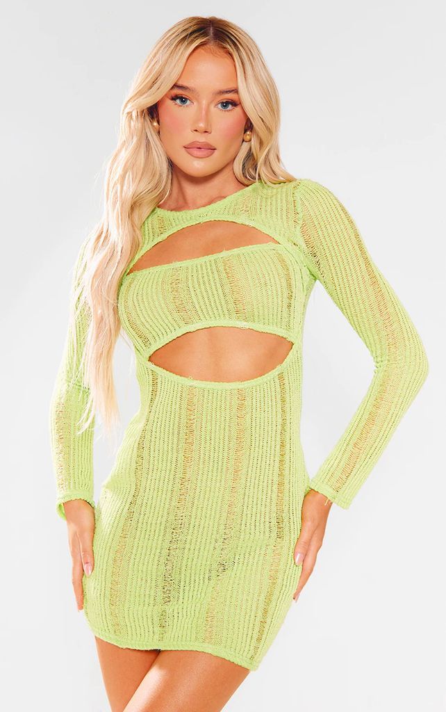 Lime Laddered Cut Out Long Sleeve Bodycon Dress, Green
