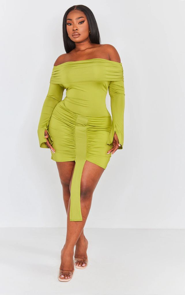 Plus Olive Slinky Drape Detail Bardot Bodycon Dress, Green