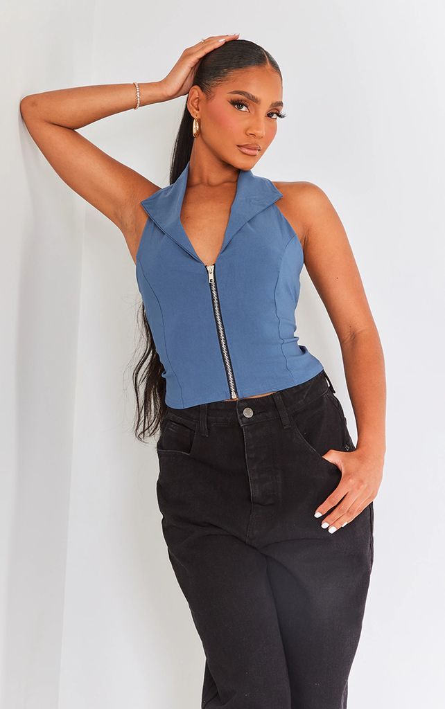Blue Steel Stretch Woven Collar Detail Zip Up Front Backless Top, Blue Steel