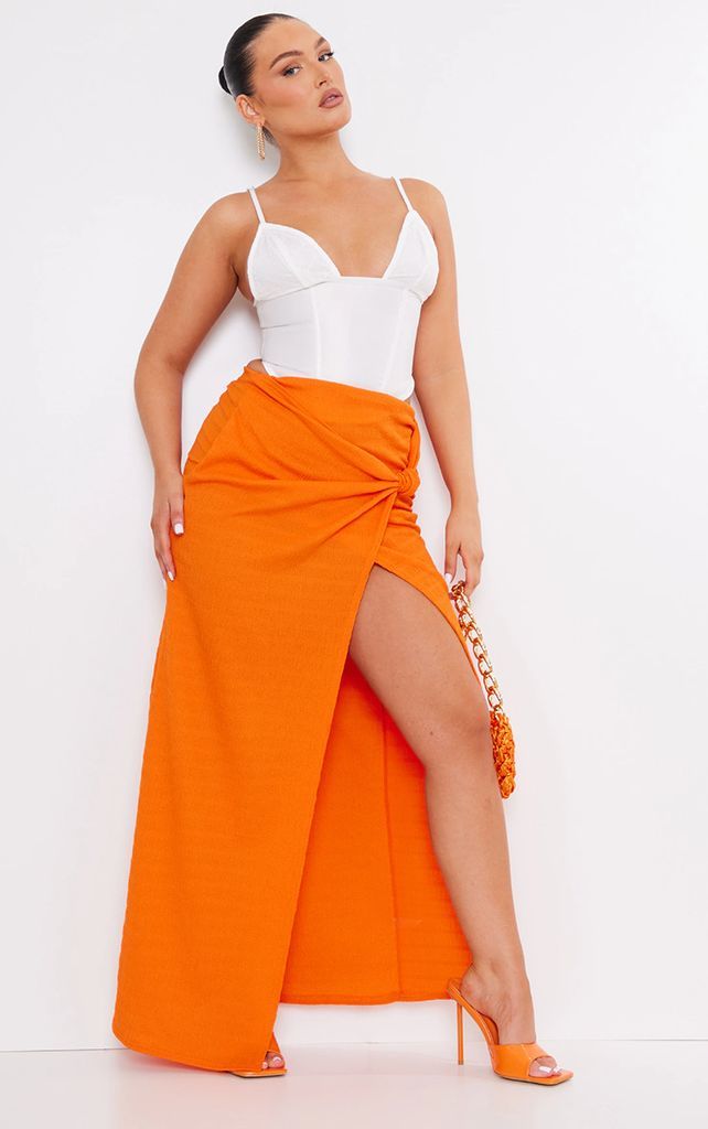 Orange Textured Knot Detail Maxi Skirt, Orange