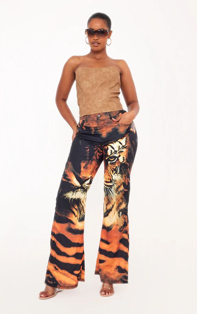 Shape Orange Tiger Print Flare Trousers, Orange