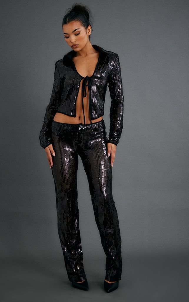 Black Sequin Flared Tailored Trousers