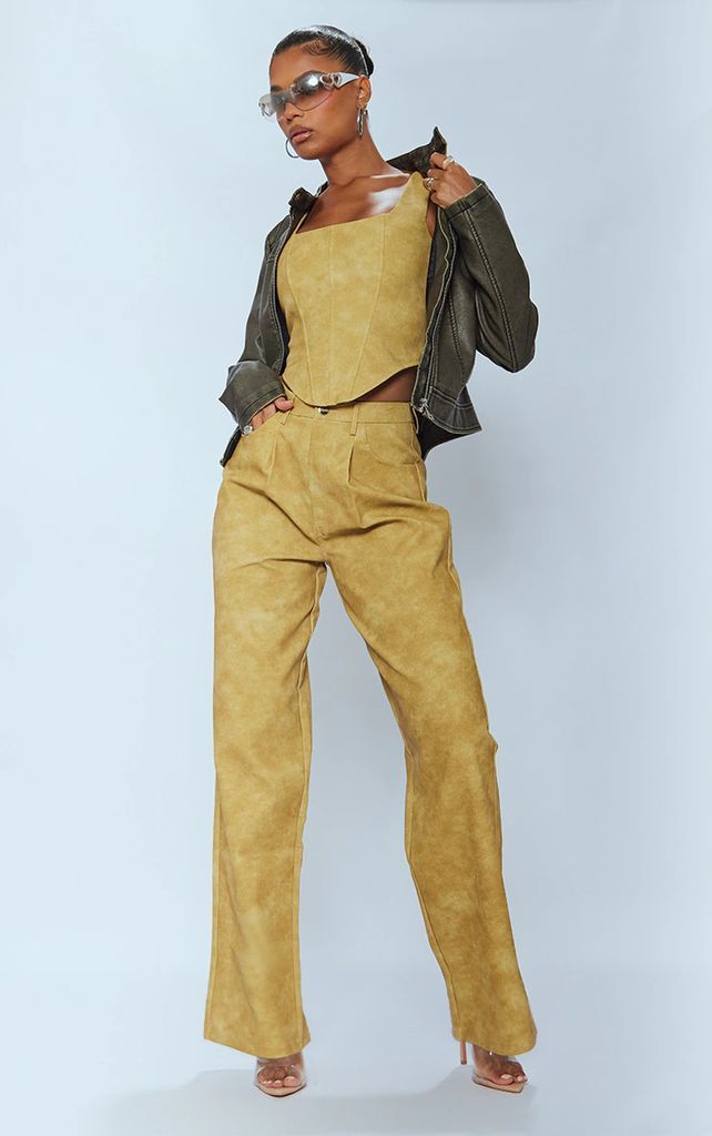 Mustard Washed Faux Leather Dart Pocket Straight Leg Trousers, Mustard