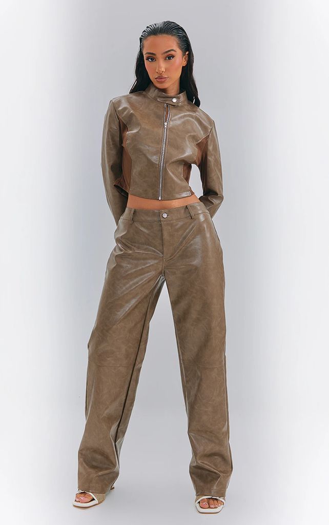 Petite Washed Brown Faux Leather Straight Leg Trousers, Washed Brown