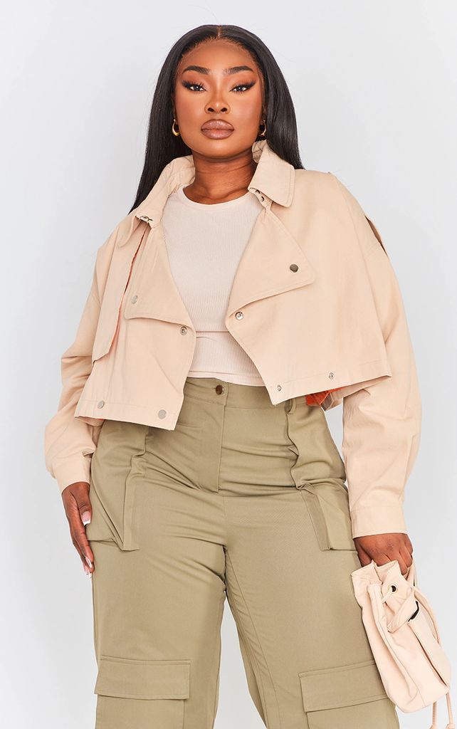 Plus Stone Contrast Lining Cropped Trench Coat, White