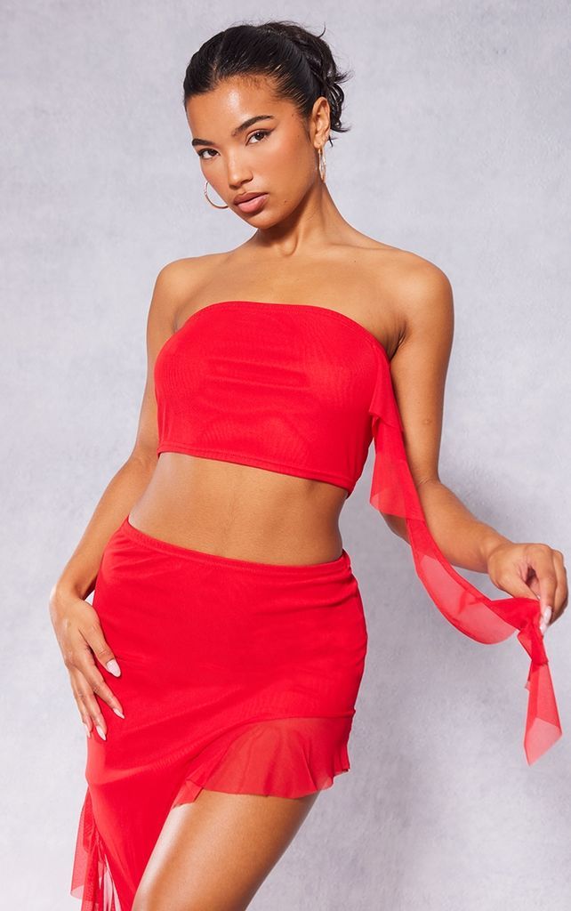 Red Mesh Ruffle Bandeau, Red