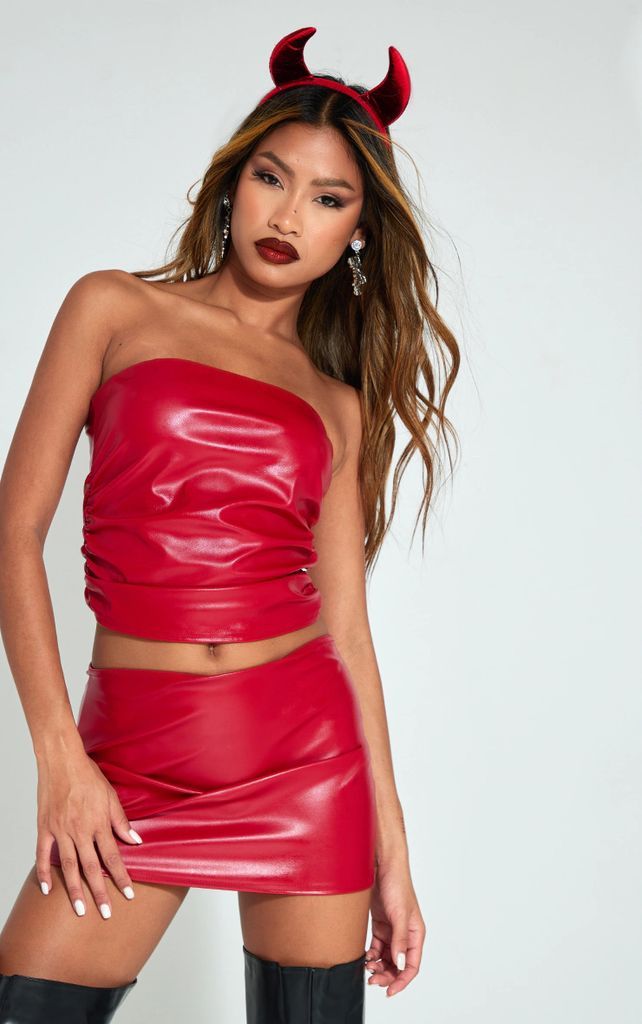 Red Faux Leather Ruched Side Detail Longline Bandeau, Red