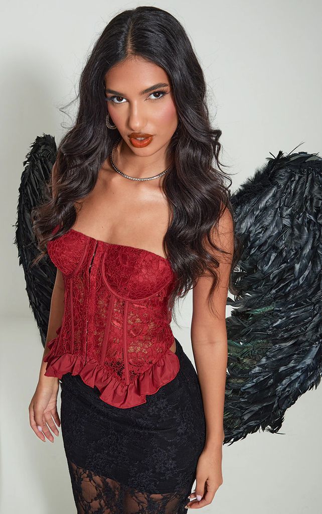 Red Lace Frill Bow Detail Hook And Eye Boned Corset Long Top, Red