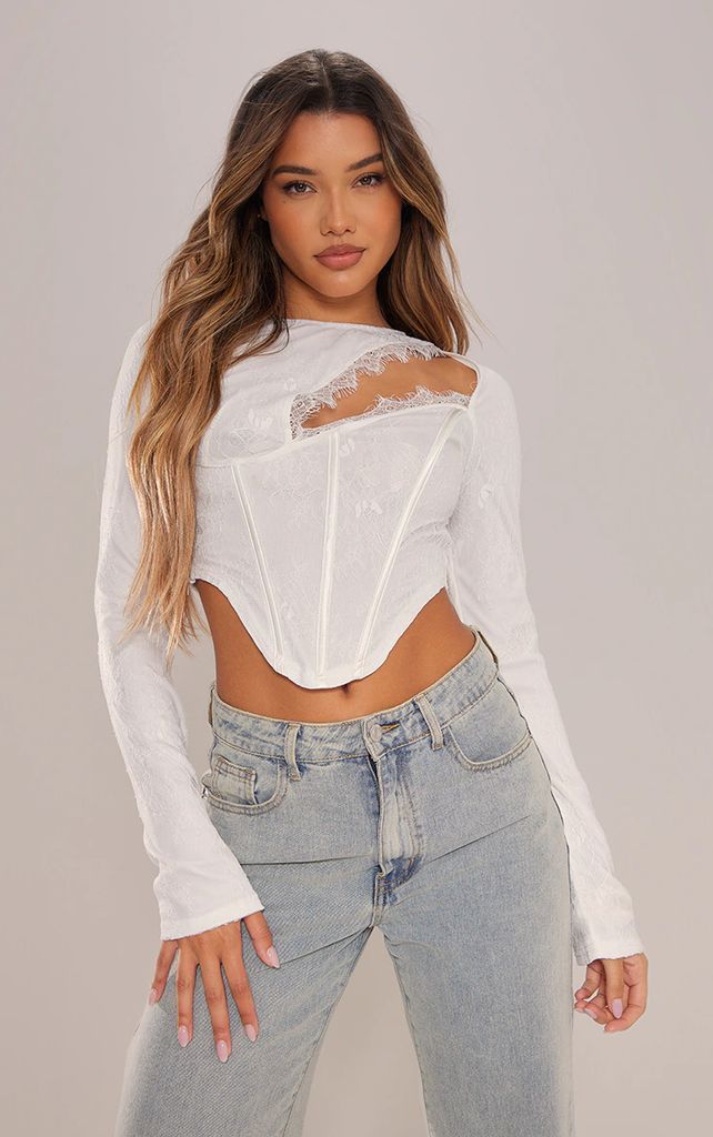 White Lace Boned Cut Out Long Top, White