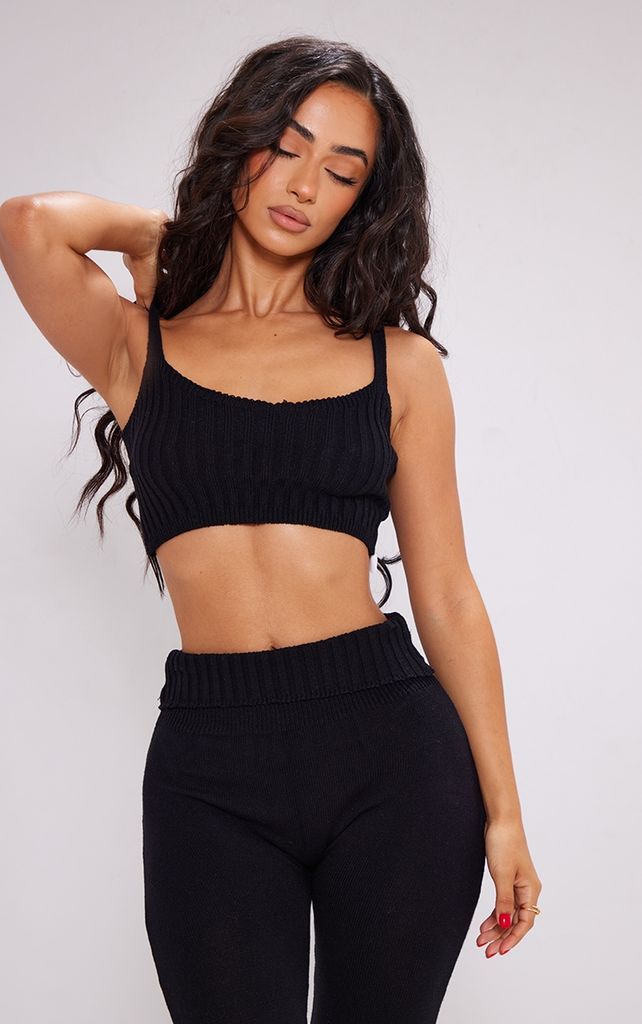 Petite Black Knitted Strappy Crop Top, Black