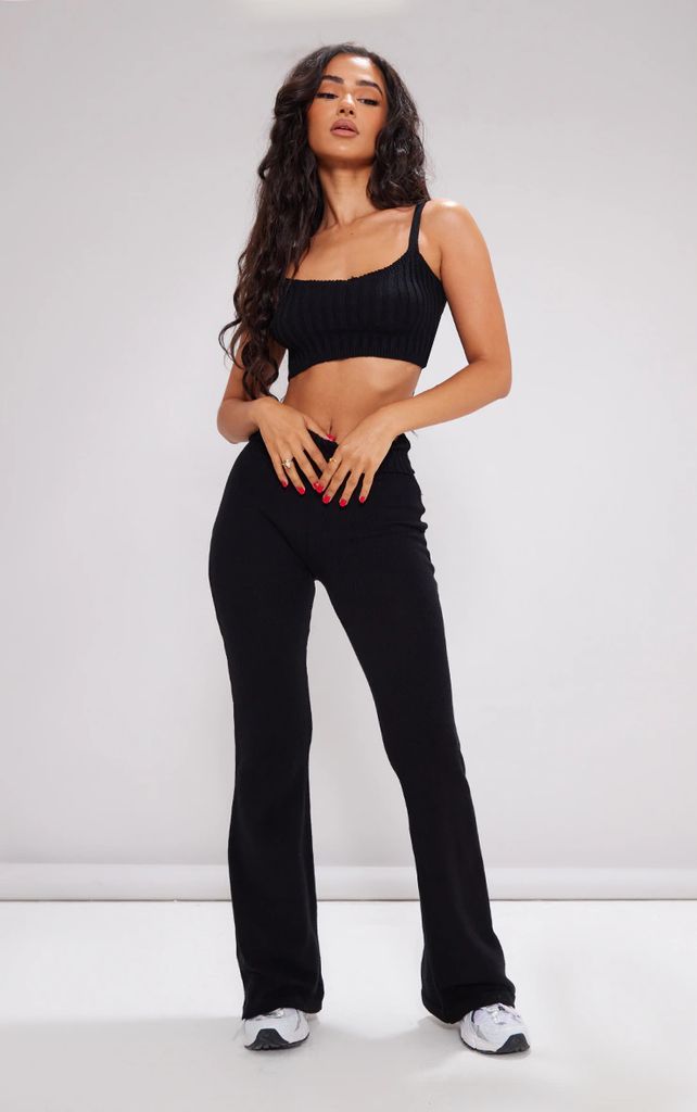 Petite Black Knitted Fold Over Flared Trousers, Black