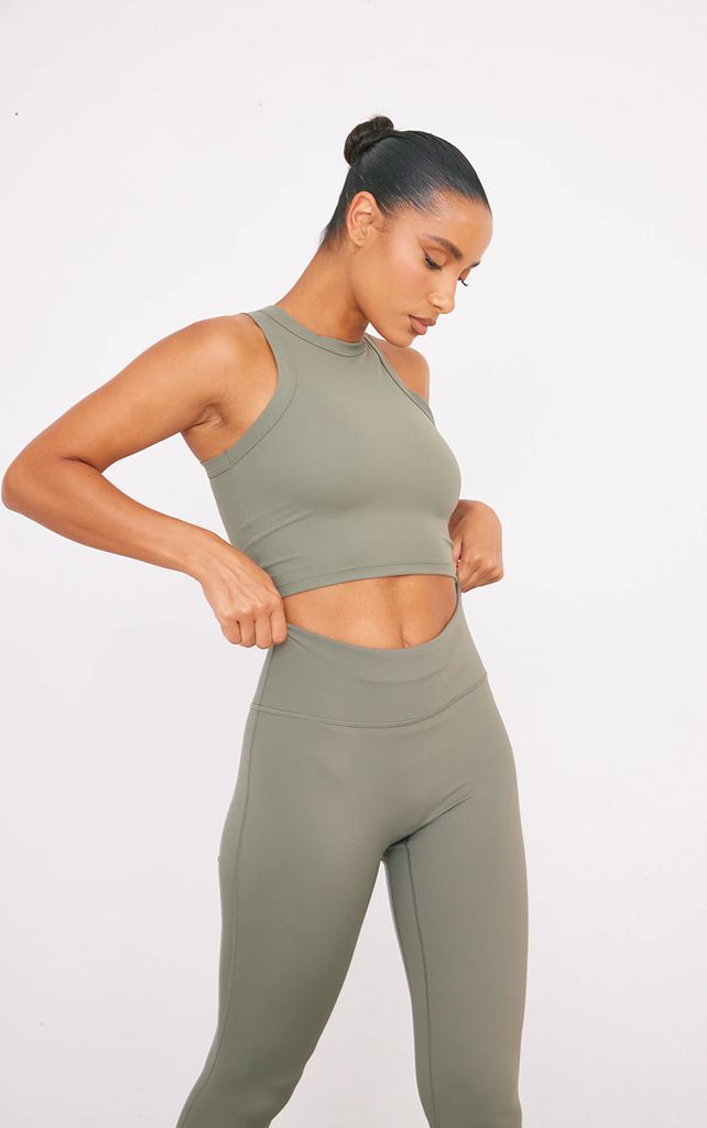 Olive Sculpt Cropped Gym Racer Top, Green
