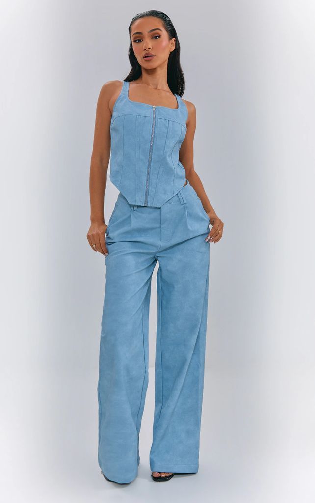 Petite Washed Blue Faux Leather Straight Leg Trousers, Washed Blue