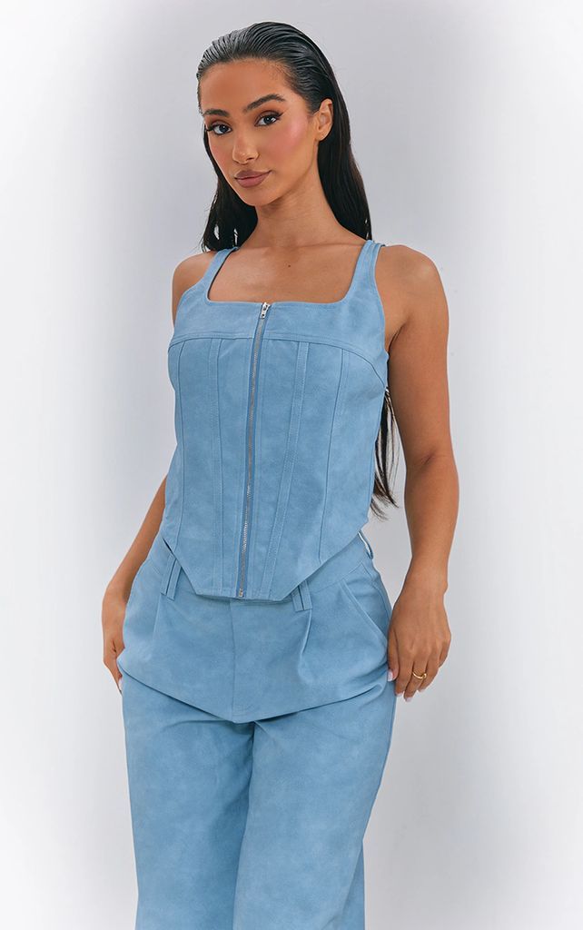 Petite Washed Blue Faux Leather Zip Up Corset Top, Washed Blue