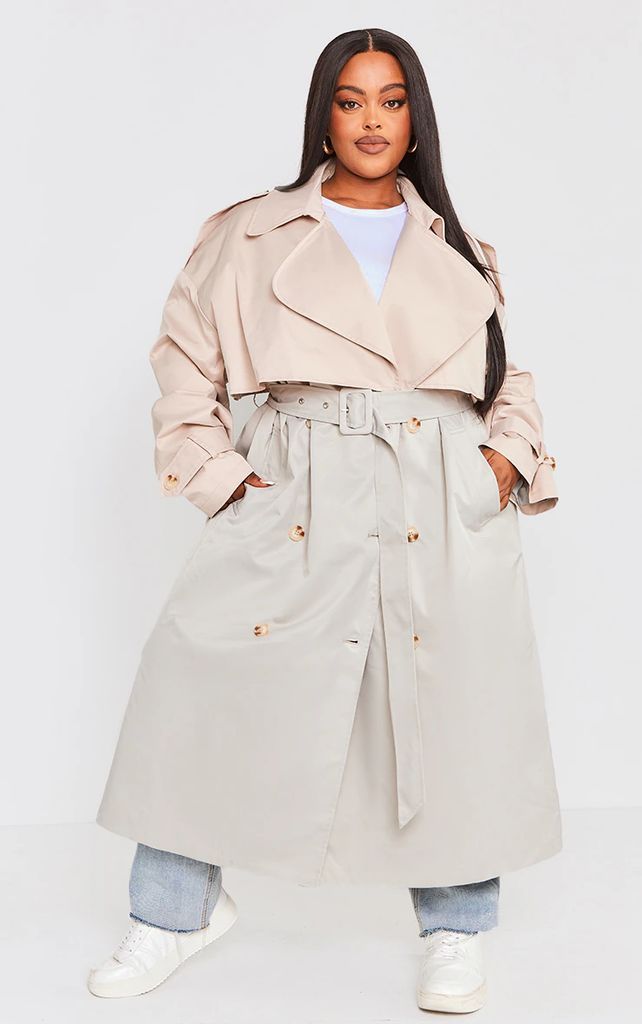 Plus Stone Contrast Belted Waist Trench Coat, White