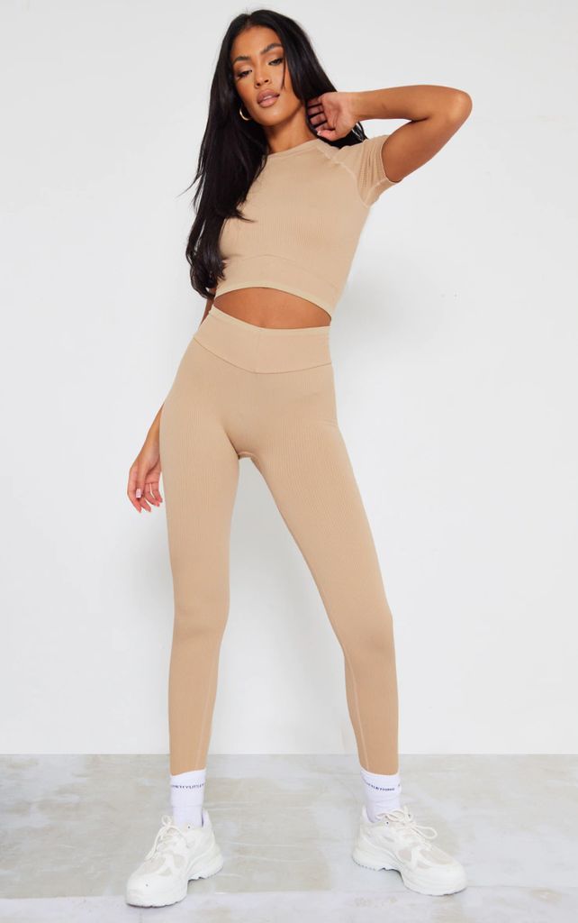 Tall Camel Contour Ribbed High Waisted Leggings