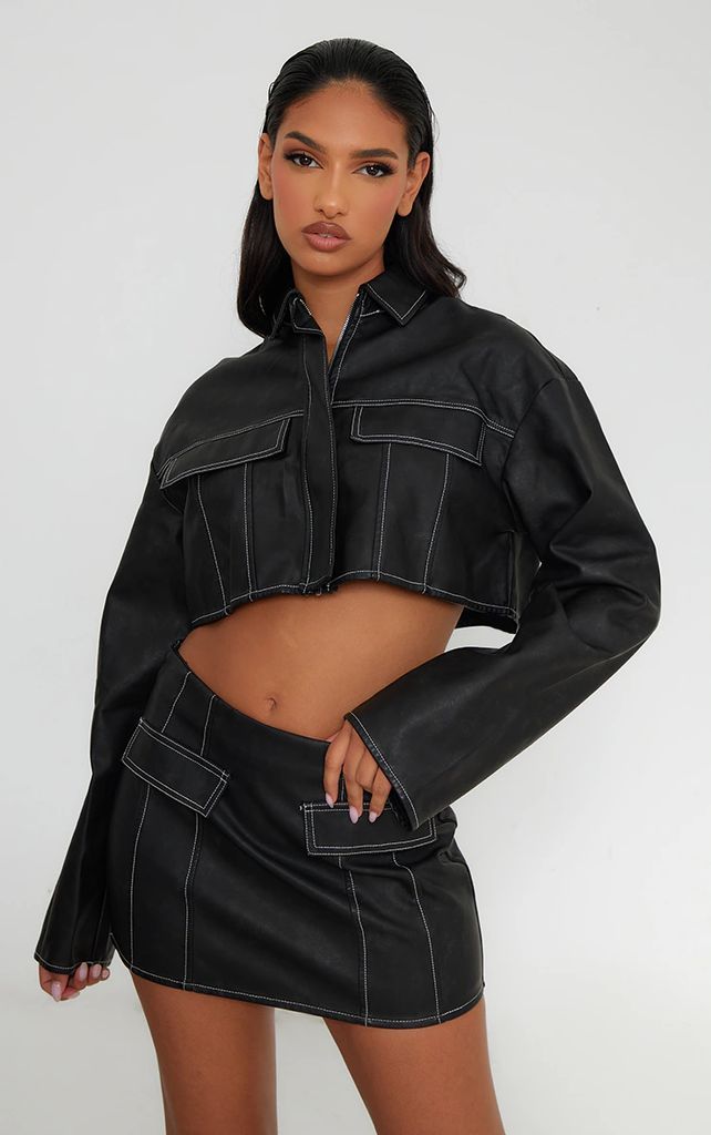 Black Faux Leather Boxy Cropped Pocket Detail Jacket, Black