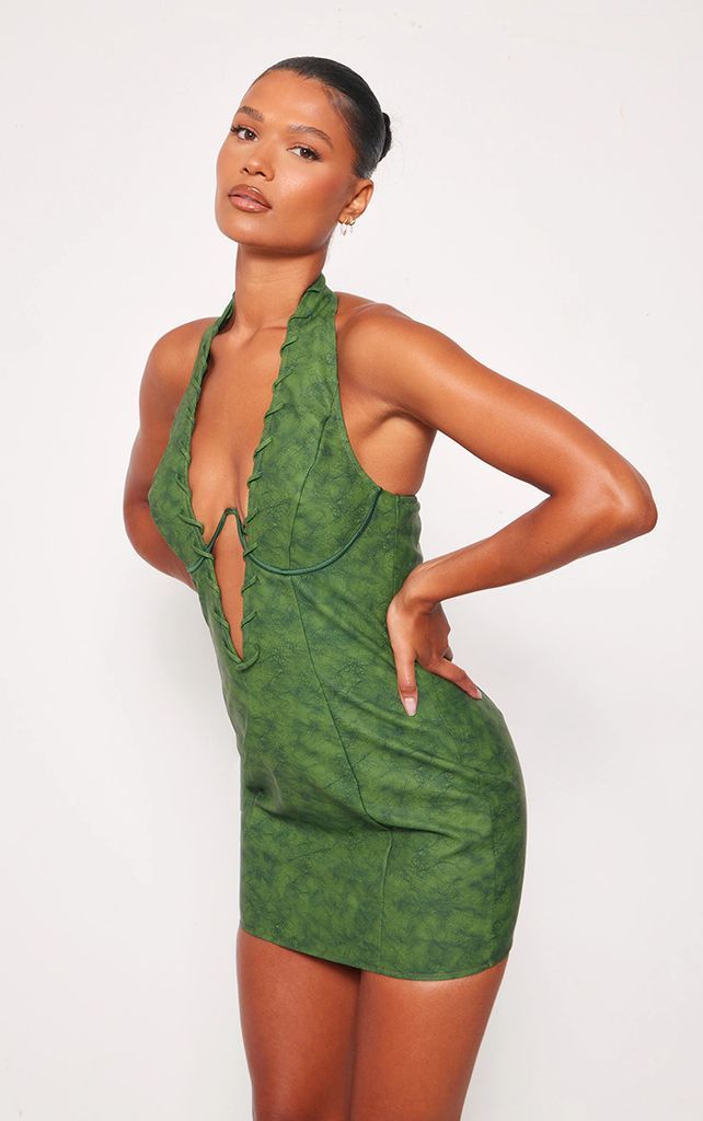 Khaki Printed PU Lace Detail Underwire Halterneck Bodycon Dress, Green