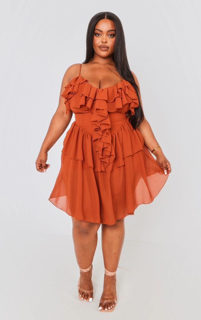 Plus Rust Cold Shoulder Ruffle Shift Dress, Orange