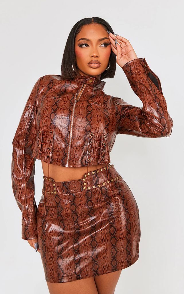 Shape Brown Faux Leather Snake Print Cropped Jacket, Brown