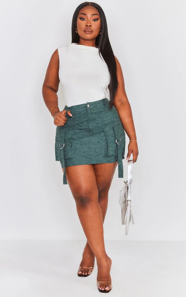 Plus Green Washed Faux Leather Pocket Cargo Mini Skirt, Green