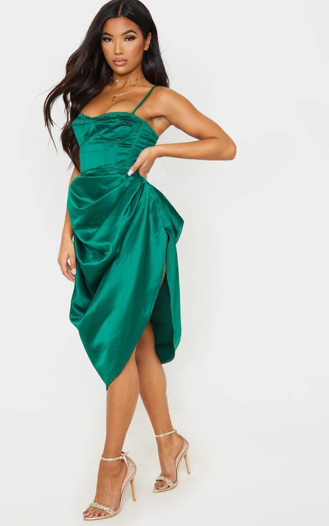 Emerald Green Satin Woven Ruched Side Midi Skirt