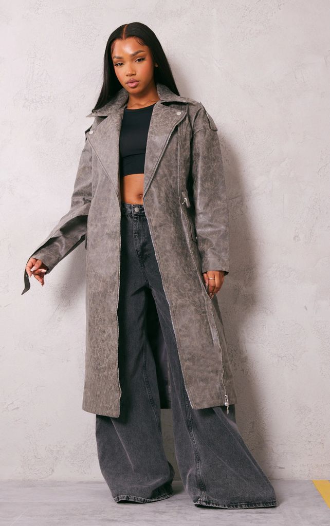 Grey Distressed Faux Leather Oversized Biker Detail Trench Coat, Grey