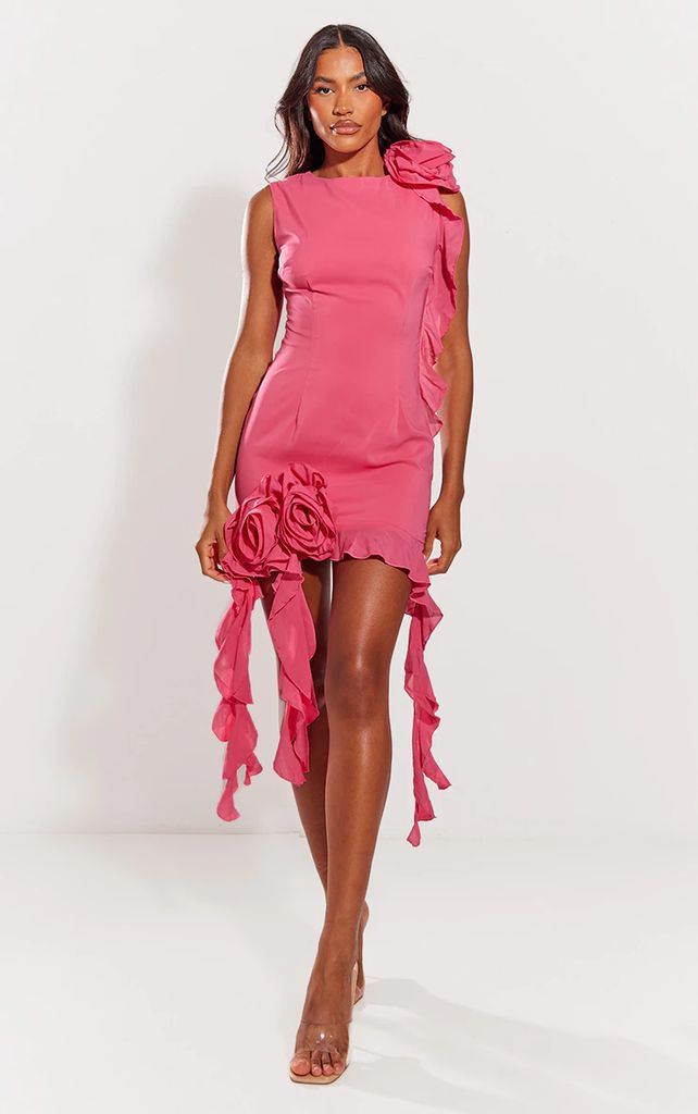 Hot Pink Satin Corsage Frill Bodycon Dress, Hot Pink