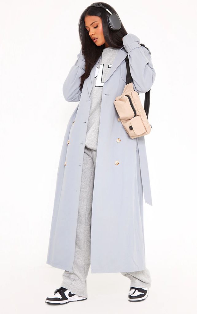 Tall Light Grey Panel Detail Belted Trench Coat, Grey