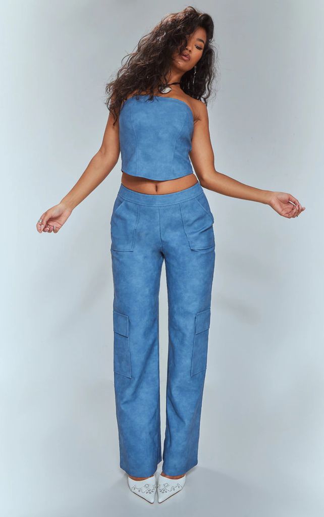Blue Washed Faux Leather Pocket Detail Extreme Wide Leg Trousers, Blue