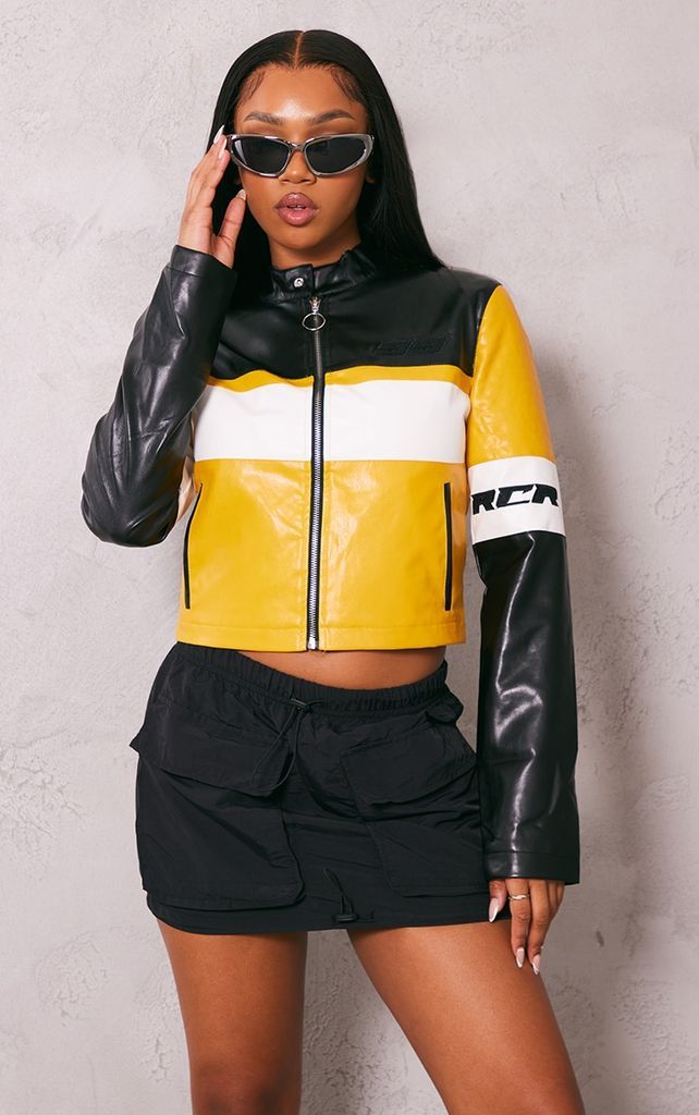 Yellow Slogan Back Fitted Faux Leather Racer Jacket, Yellow