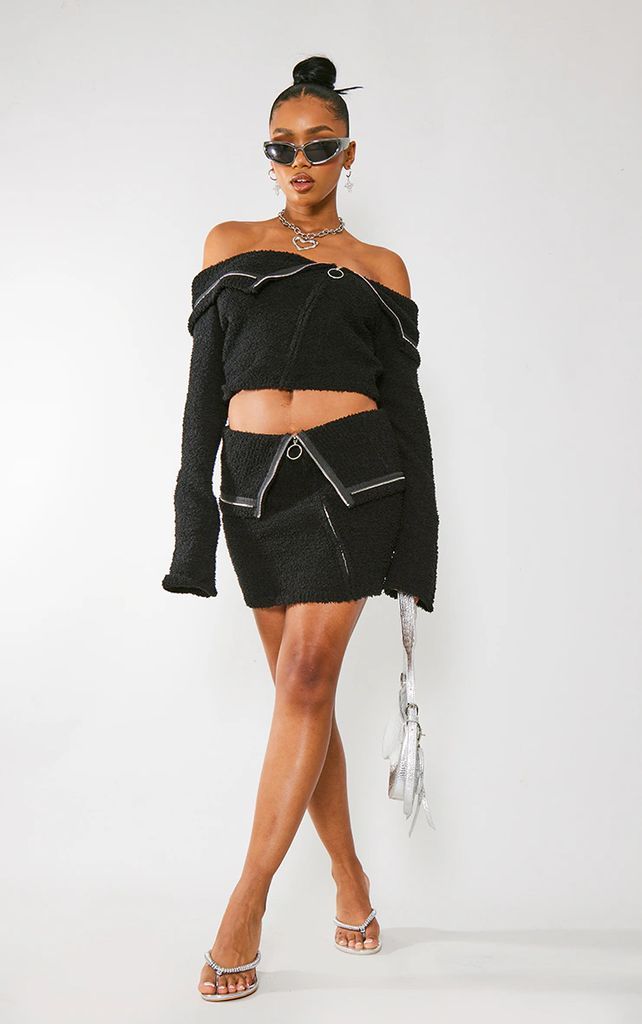 Black Fluffy Knit Fold Over Zipped Mini Skirt, Black