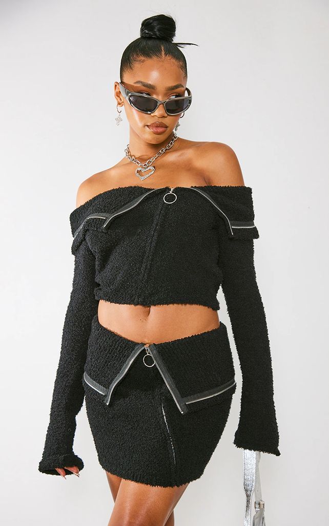 Black Fluffy Knit Fold Over Zipped Crop Jacket, Black