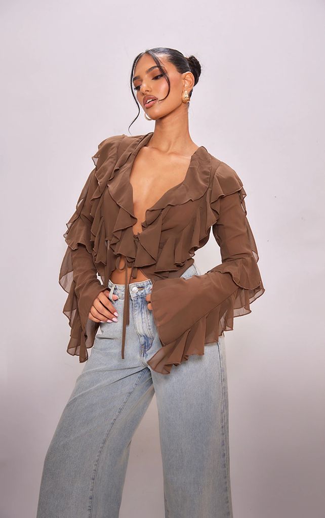 Chocolate Extreme Frill Tie Front Flare Sleeve Blouse, Chocolate