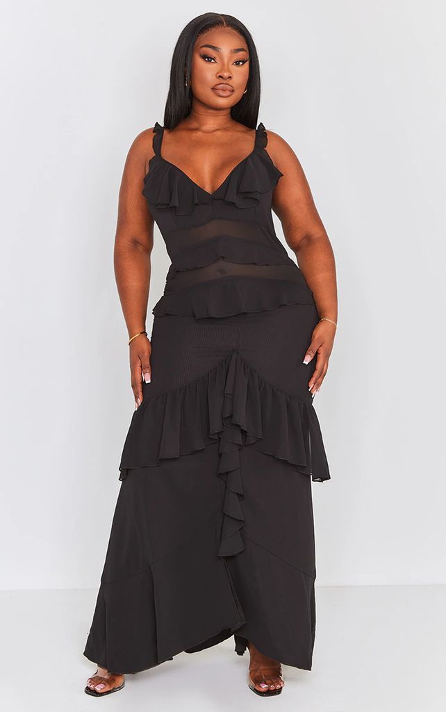 Plus Black Ruffle Low Back Maxi Dress, Black