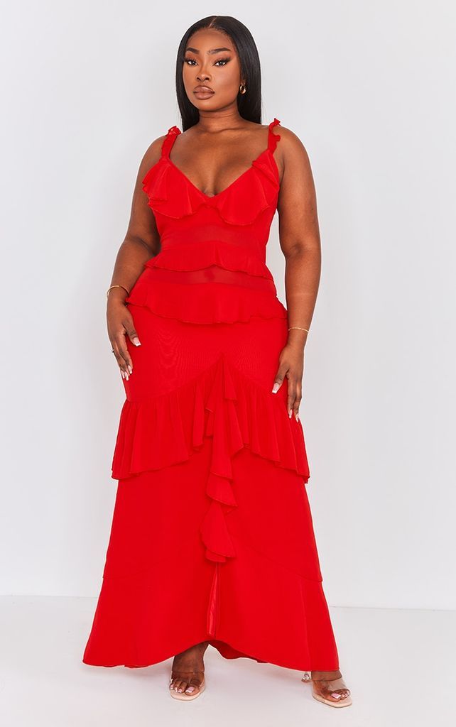 Plus Red Ruffle Low Back Maxi Dress, Red