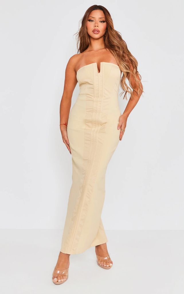 Stone Panel Detail V Wire Bodycon Maxi Dress, White