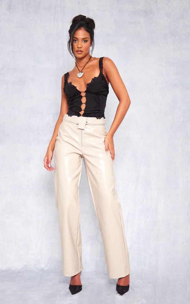 Tall Cream Faux Leather Zip Detail Straight Leg Trouser, White
