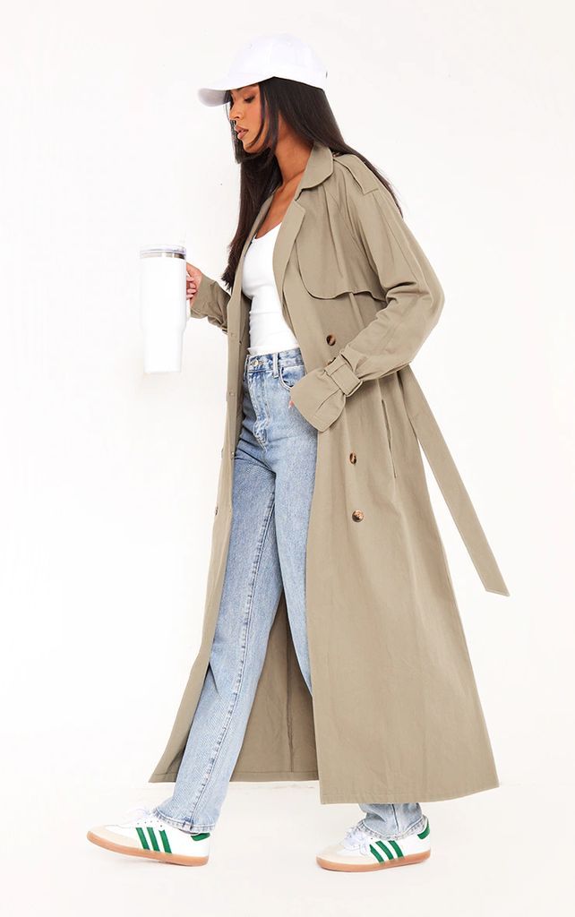 Tall Khaki Panel Detail Belted Trench Coat, Green