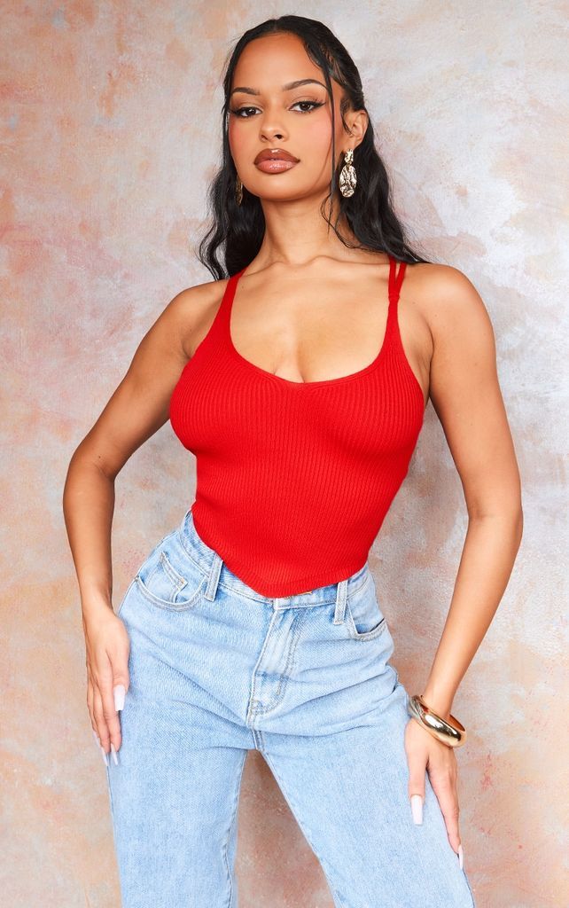 Red Ribbed Crossed Strapped Back Top, Red