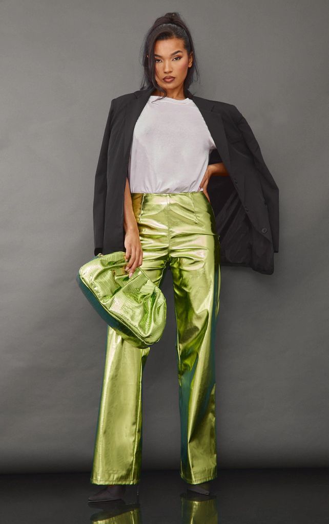 Lime Metallic Faux Leather Straight Leg Trousers, Green