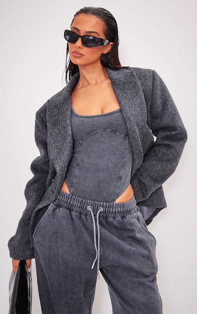 Petite Charcoal Wool Look Pocket Oversized Blazer, Grey