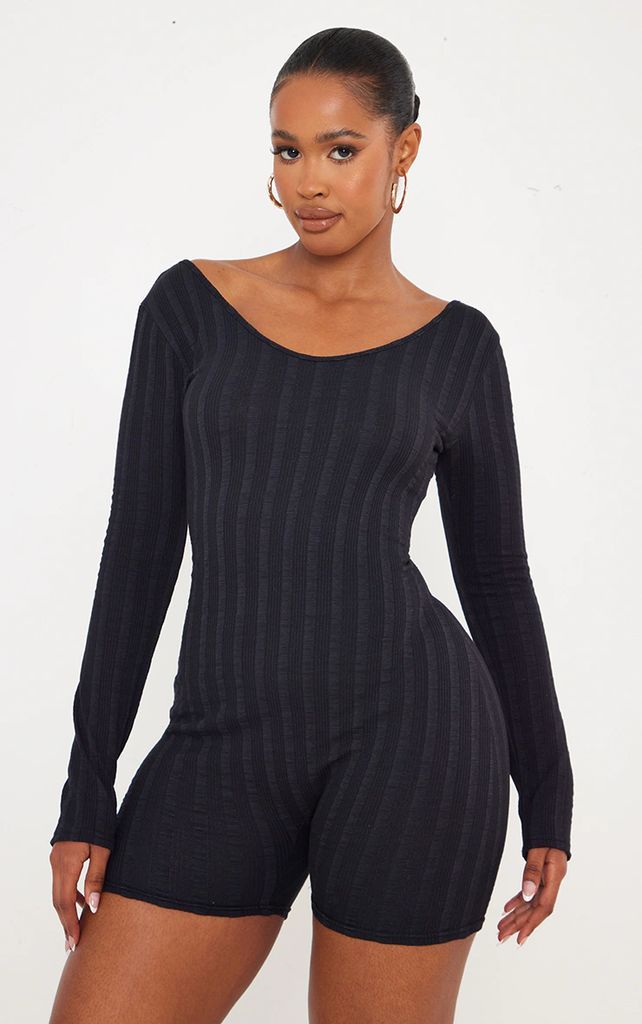 Shape Black Rib Scoop Neck Long Sleeve Unitard, Black