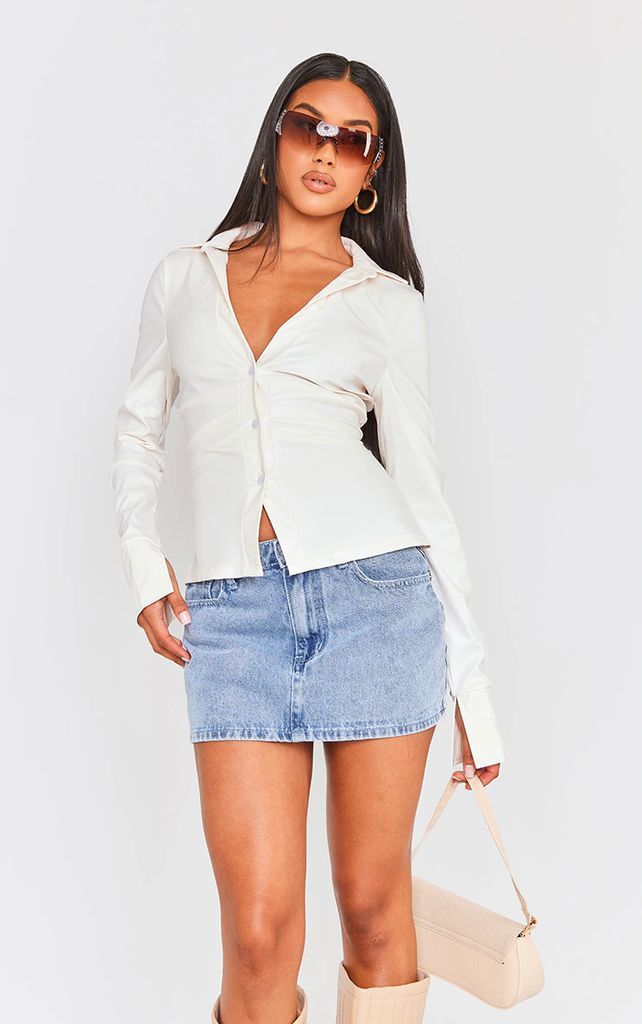 Cream Faux Leather Fitted Long Sleeve Shirt, White