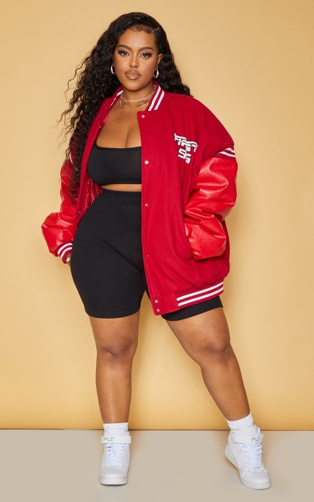 Plus Red Quilted Faux Leather Sleeve Oversized Varsity Bomber Jacket, Red