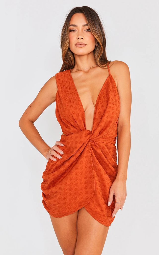 Burnt Orange Textured Plunge Knot Detail Bodycon Dress, Orange