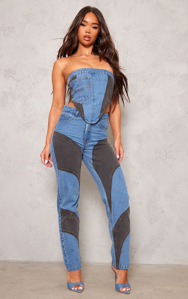 Mid Blue Wash Contrast Panelled Straight Leg Jeans, Mid Blue Wash